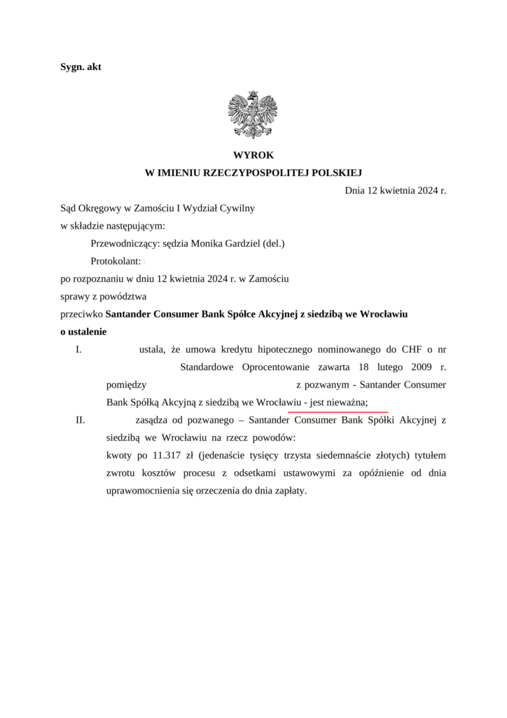 Wyrok unieważniający umowę kredytową