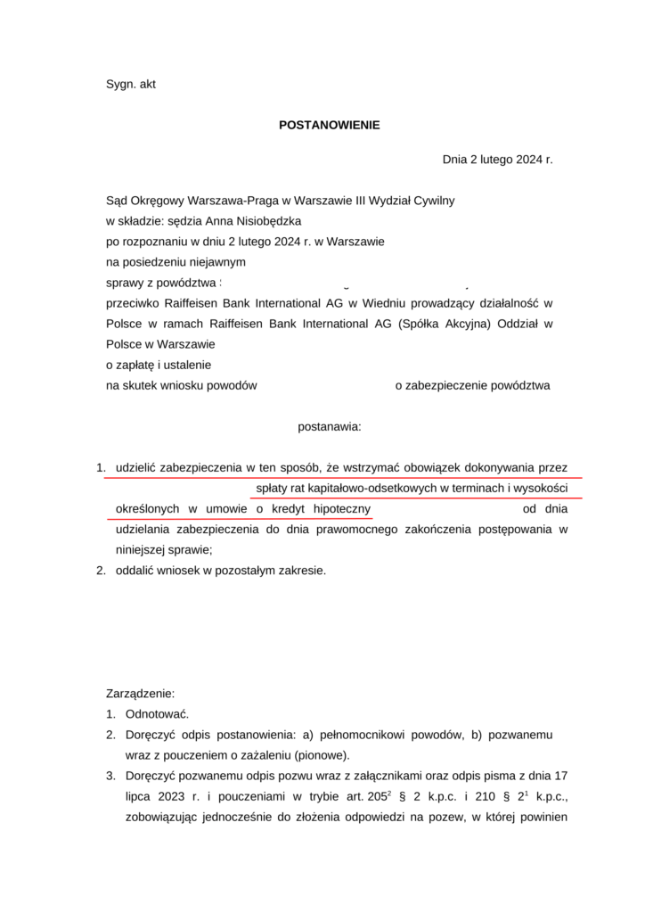 Zabezpieczenie - Postanowienie o wstrzymaniu obowiązku spłaty rat kredytowych